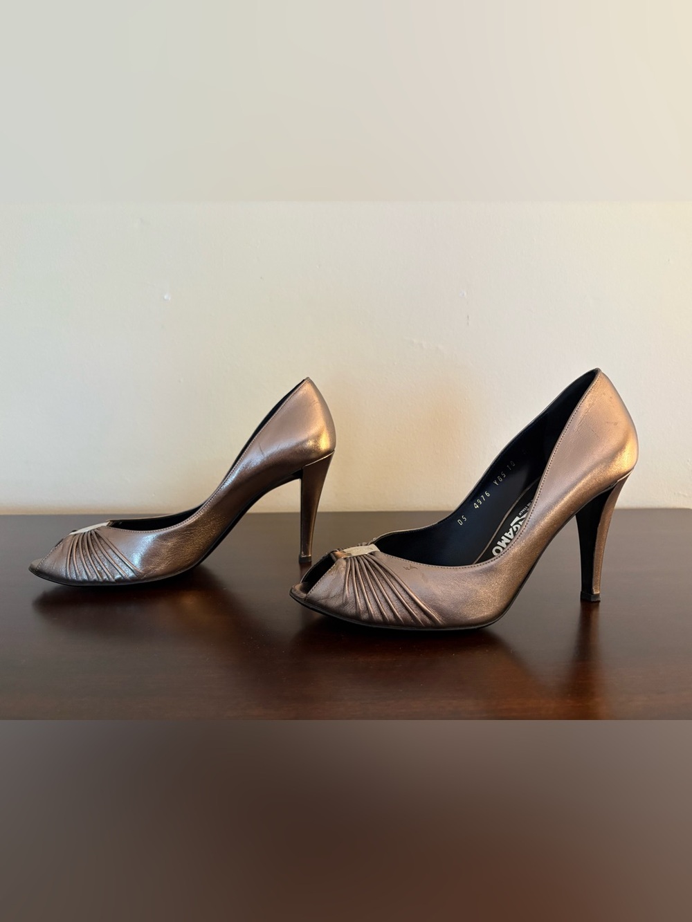 Salvatore Ferragamo Metallic Leather Taupe Peep-Toe Gorgeous 4” High Heels